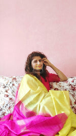 Load image into Gallery viewer, Pure Ghichha Tussar Silk With Zari Border- Neon Yellow Pink Saree
