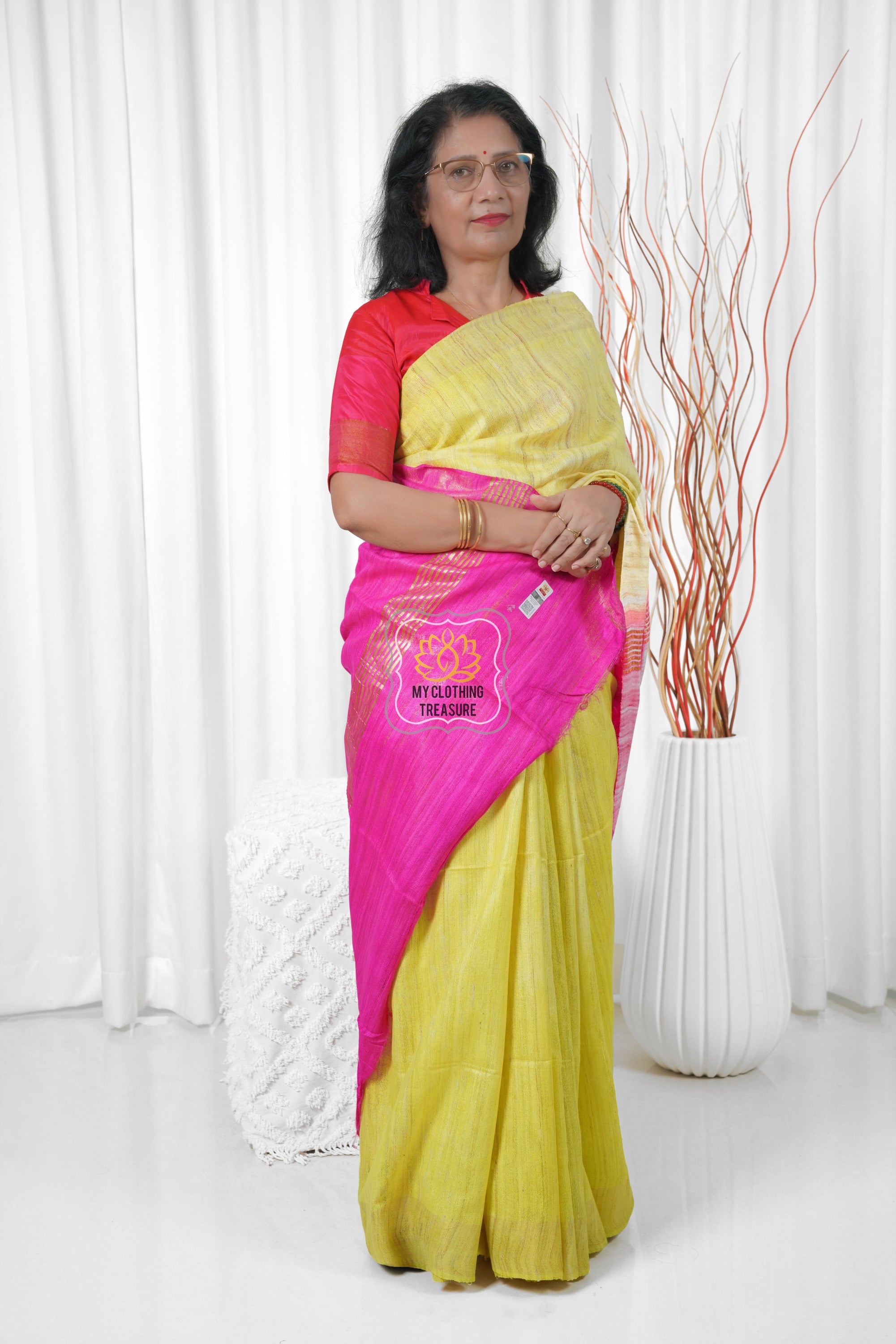 Pure Ghichha Tussar Silk With Zari Border- Neon Yellow Pink Saree