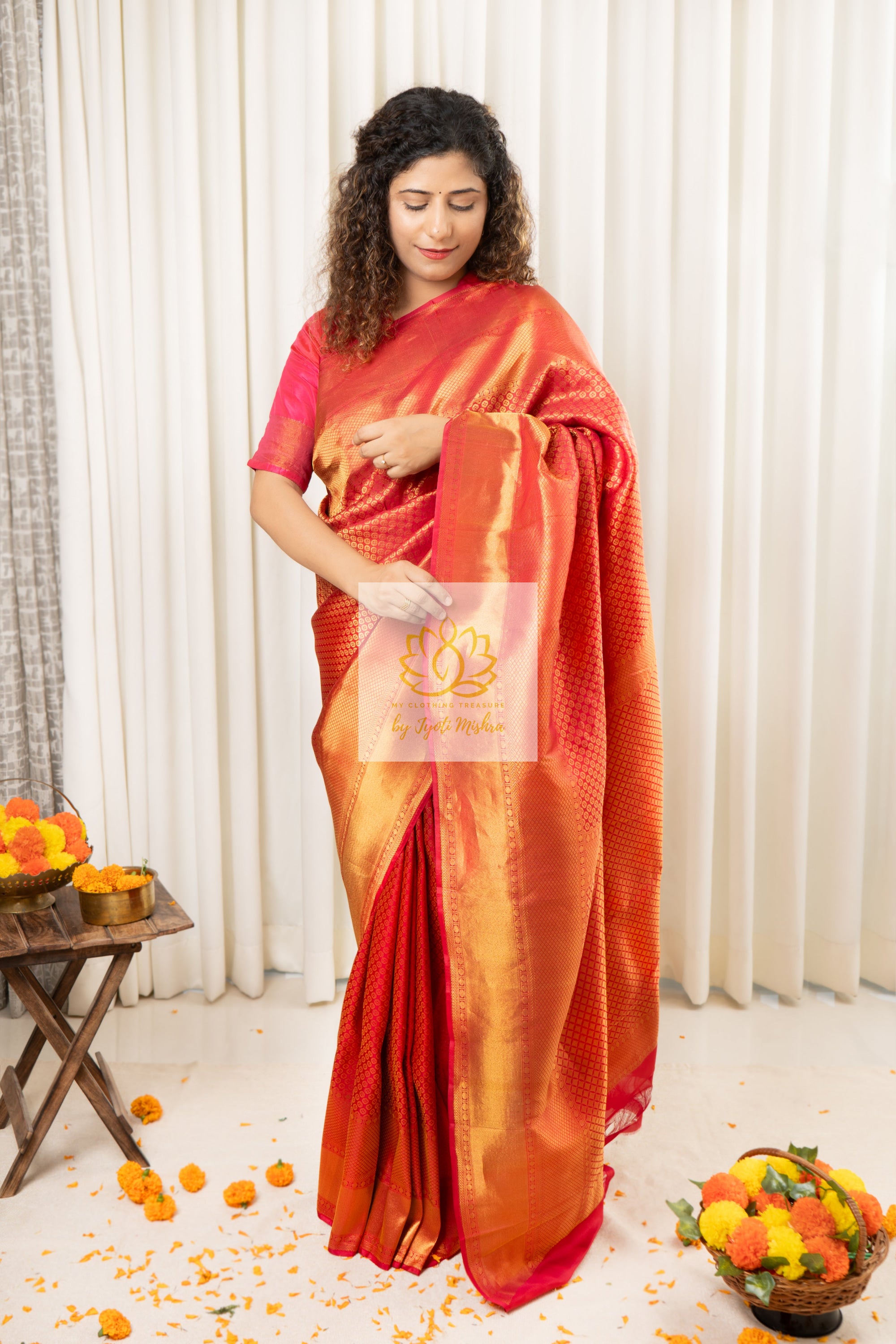 Pure Kanjivaram Silk Saree- Gold Pink