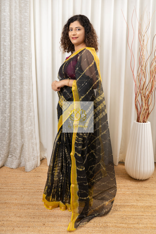 Pure Kota Cotton Hand Tie and Dye Shibori Saree- Black-Lime Yellow Saree