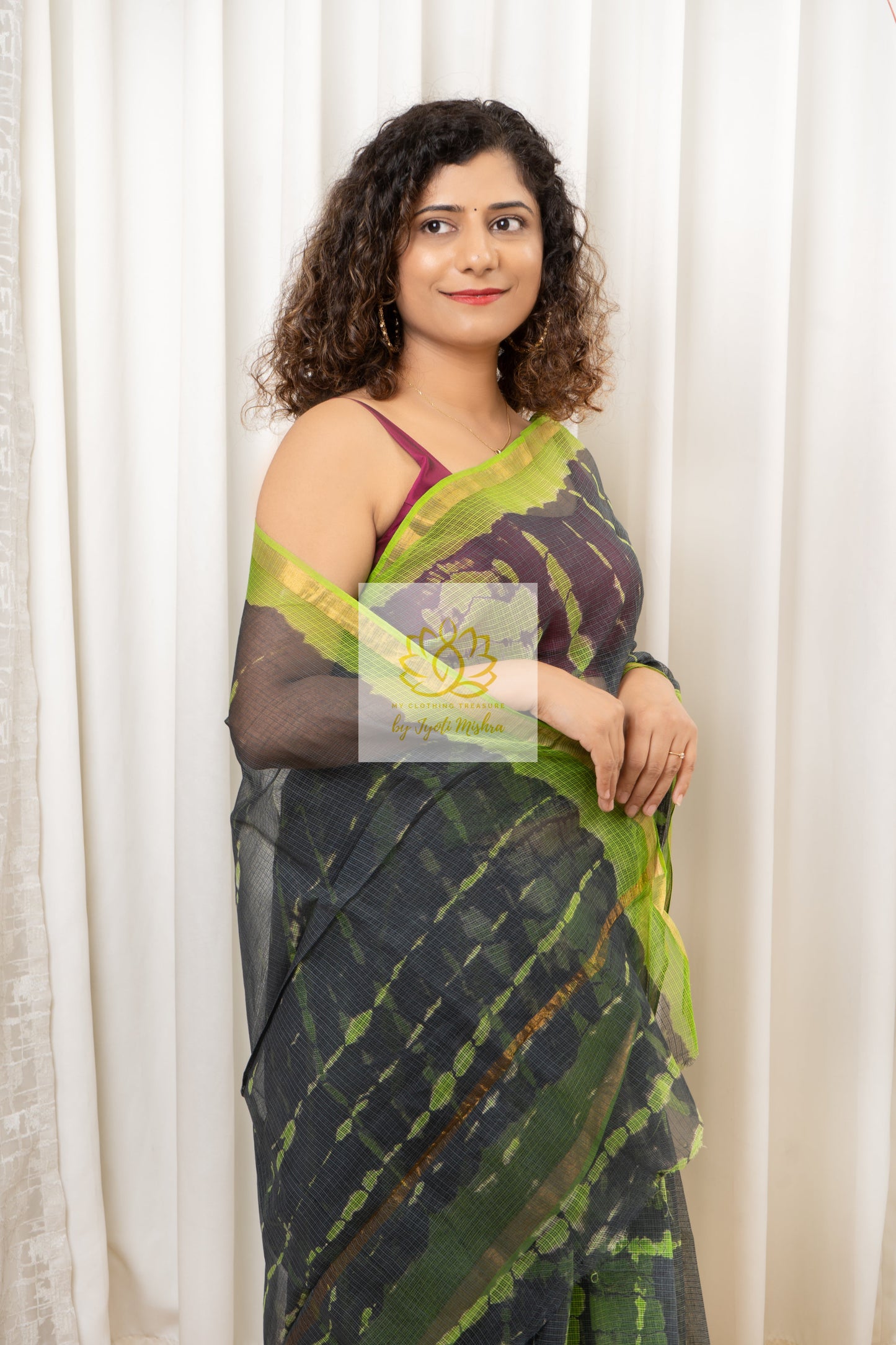 Pure Kota Cotton Hand Tie and Dye Shibori Saree- Charcoal-Green Saree