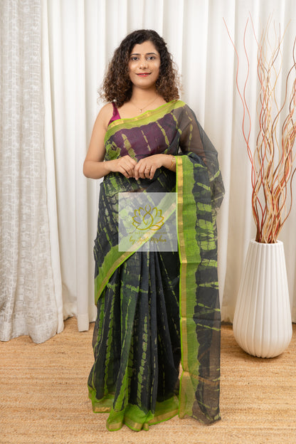 Pure Kota Cotton Hand Tie and Dye Shibori Saree- Charcoal-Green Saree