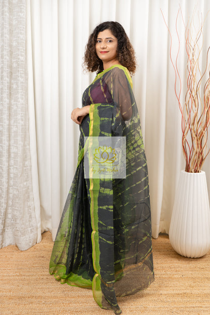 Pure Kota Cotton Hand Tie and Dye Shibori Saree- Charcoal-Green Saree