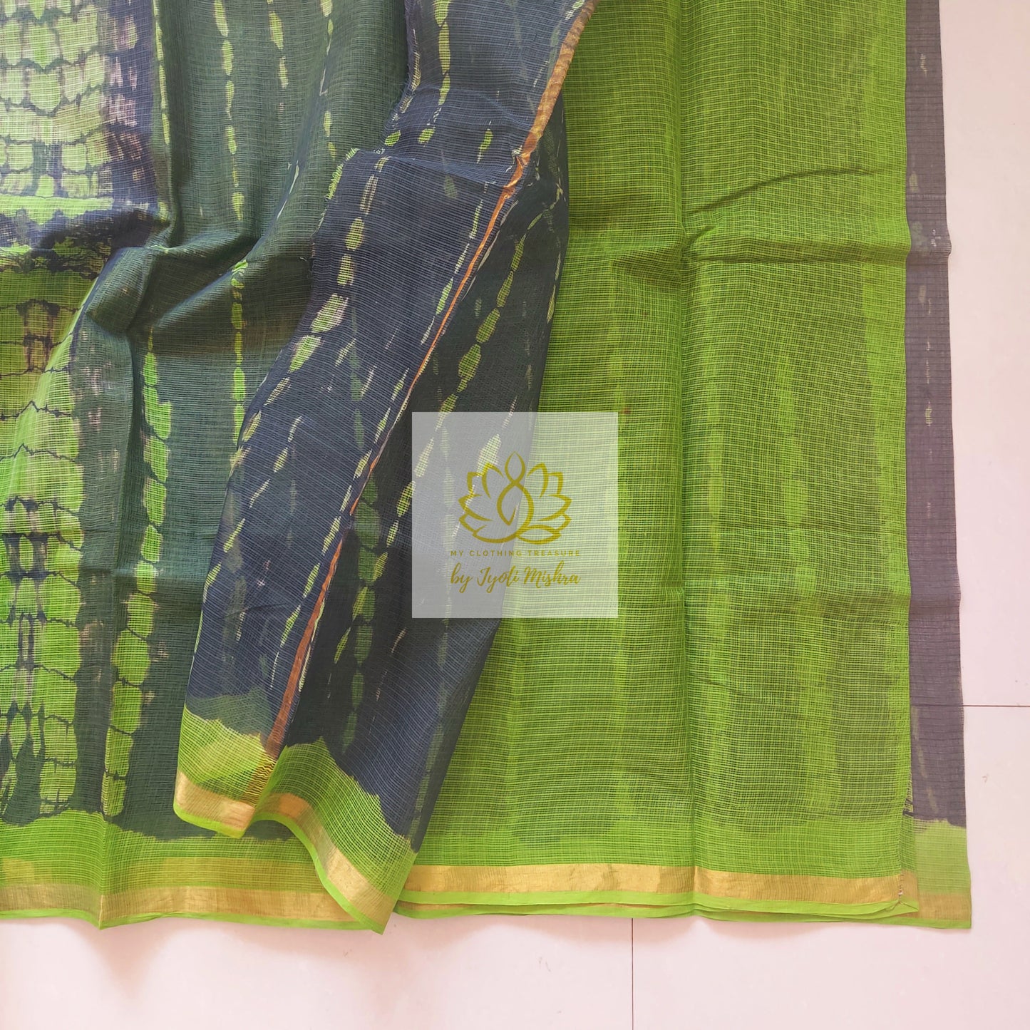 Pure Kota Cotton Hand Tie And Dye Shibori Saree- Charcoal-Green Saree