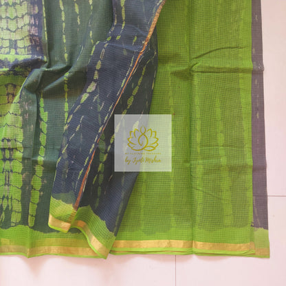 Pure Kota Cotton Hand Tie And Dye Shibori Saree- Charcoal-Green Saree