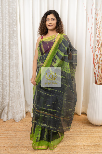 Pure Kota Cotton Hand Tie and Dye Shibori Saree- Charcoal-Green Saree