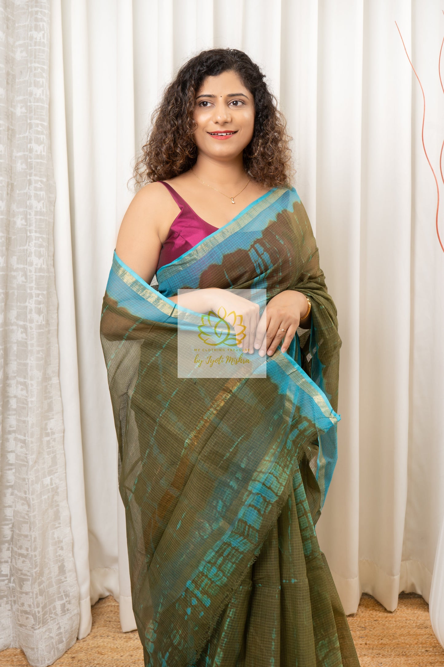 Pure Kota Cotton Hand Tie and Dye Shibori Saree- Olive-Turquoise Saree