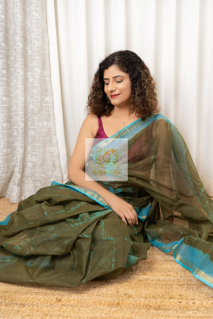 Pure Kota Cotton Hand Tie and Dye Shibori Saree- Olive-Turquoise Saree