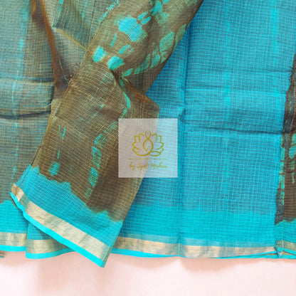 Pure Kota Cotton Hand Tie And Dye Shibori Saree- Olive-Turquoise Saree