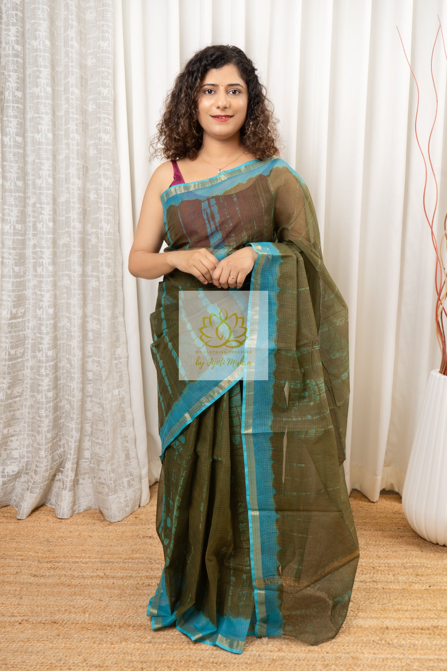 Pure Kota Cotton Hand Tie and Dye Shibori Saree- Olive-Turquoise Saree