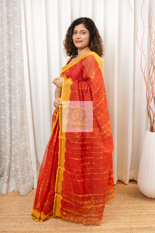 Pure Kota Cotton Hand Tie and Dye Shibori Saree- Red-Yellow Saree