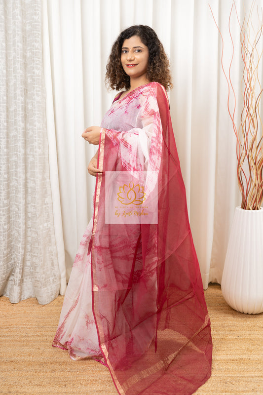 Pure Kota Cotton Hand Tie and Dye Shibori Saree- White-Wine Saree