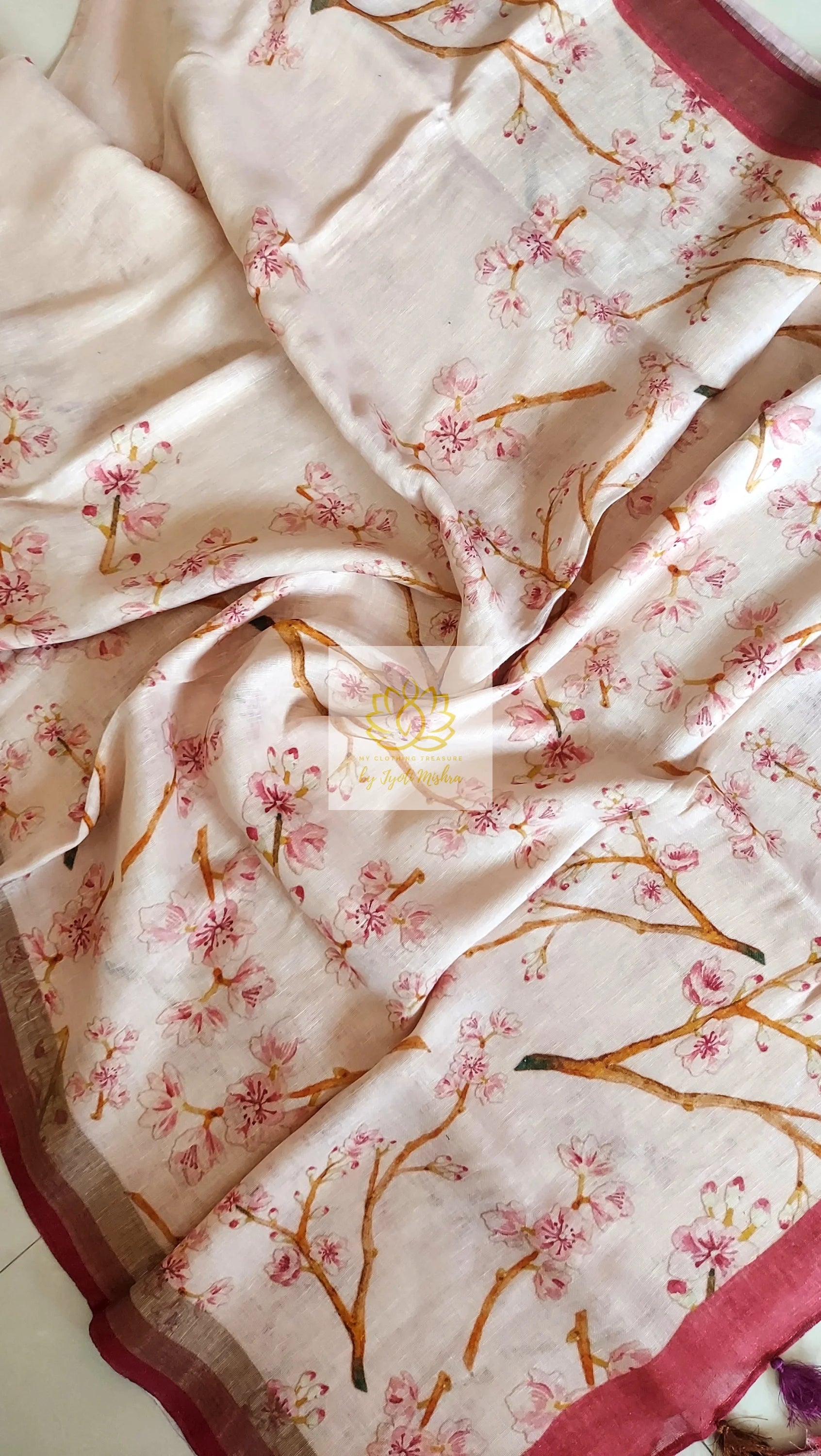 Pure Linen Floral Saree In Pink Ivory