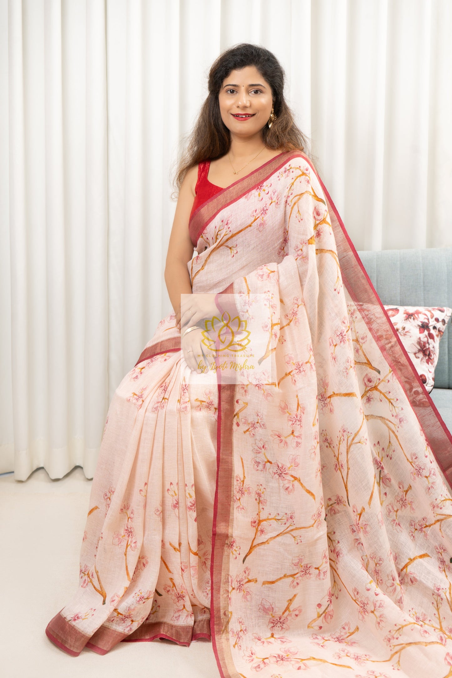 Pure Linen Floral Saree In Pink Ivory