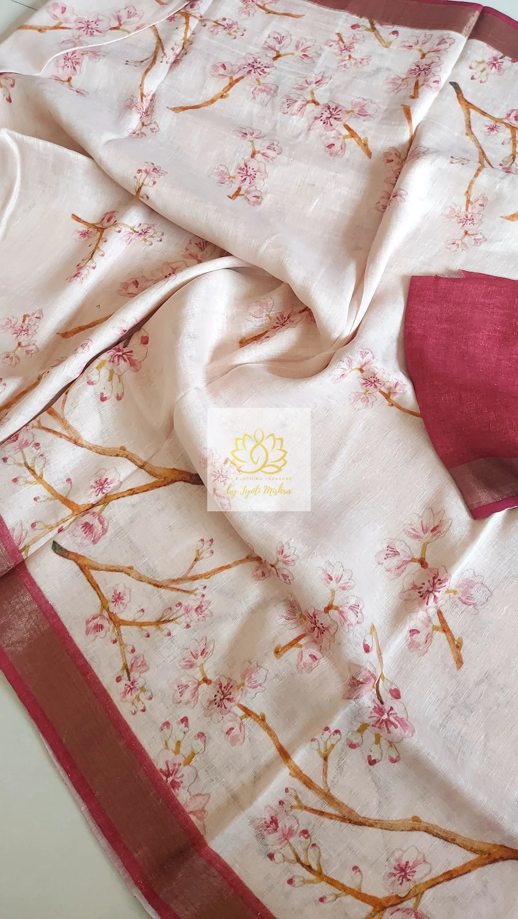 Pure Linen Floral Saree In Pink Ivory