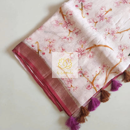 Pure Linen Floral Saree In Pink Ivory