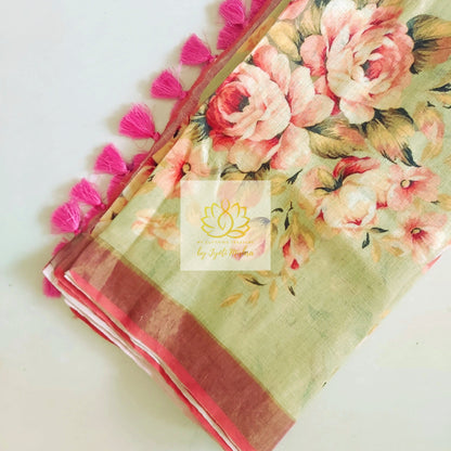 Pure Linen Floral Saree In Pista