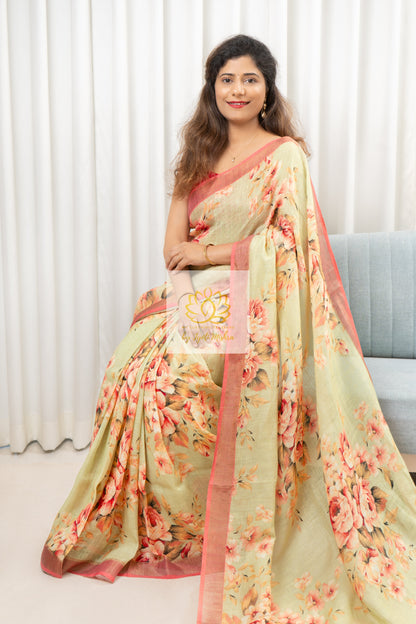 Pure Linen Floral Saree In Pista