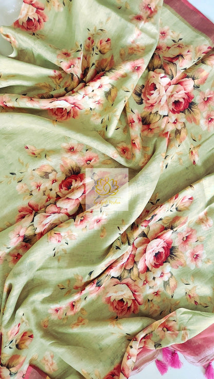 Pure Linen Floral Saree In Pista