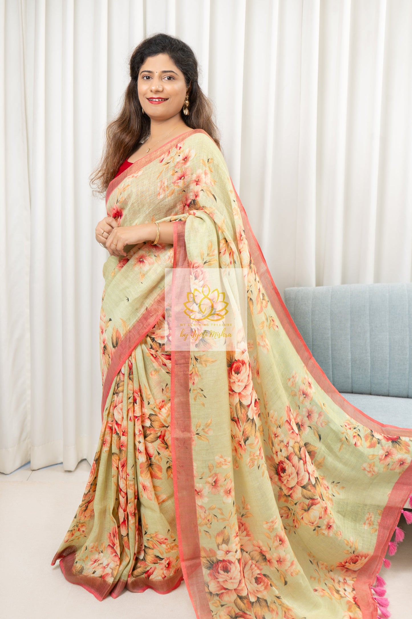 Pure Linen Floral Saree In Pista