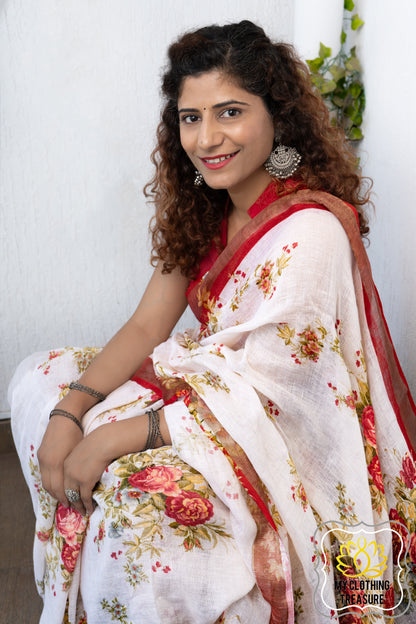 Pure Linen Floral Saree In White-Red