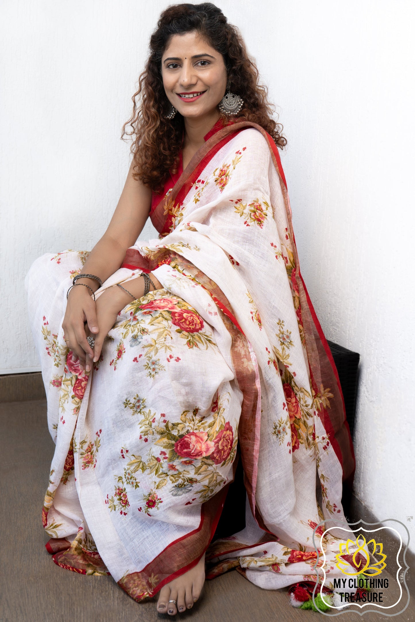 Pure Linen Floral Saree In White-Red