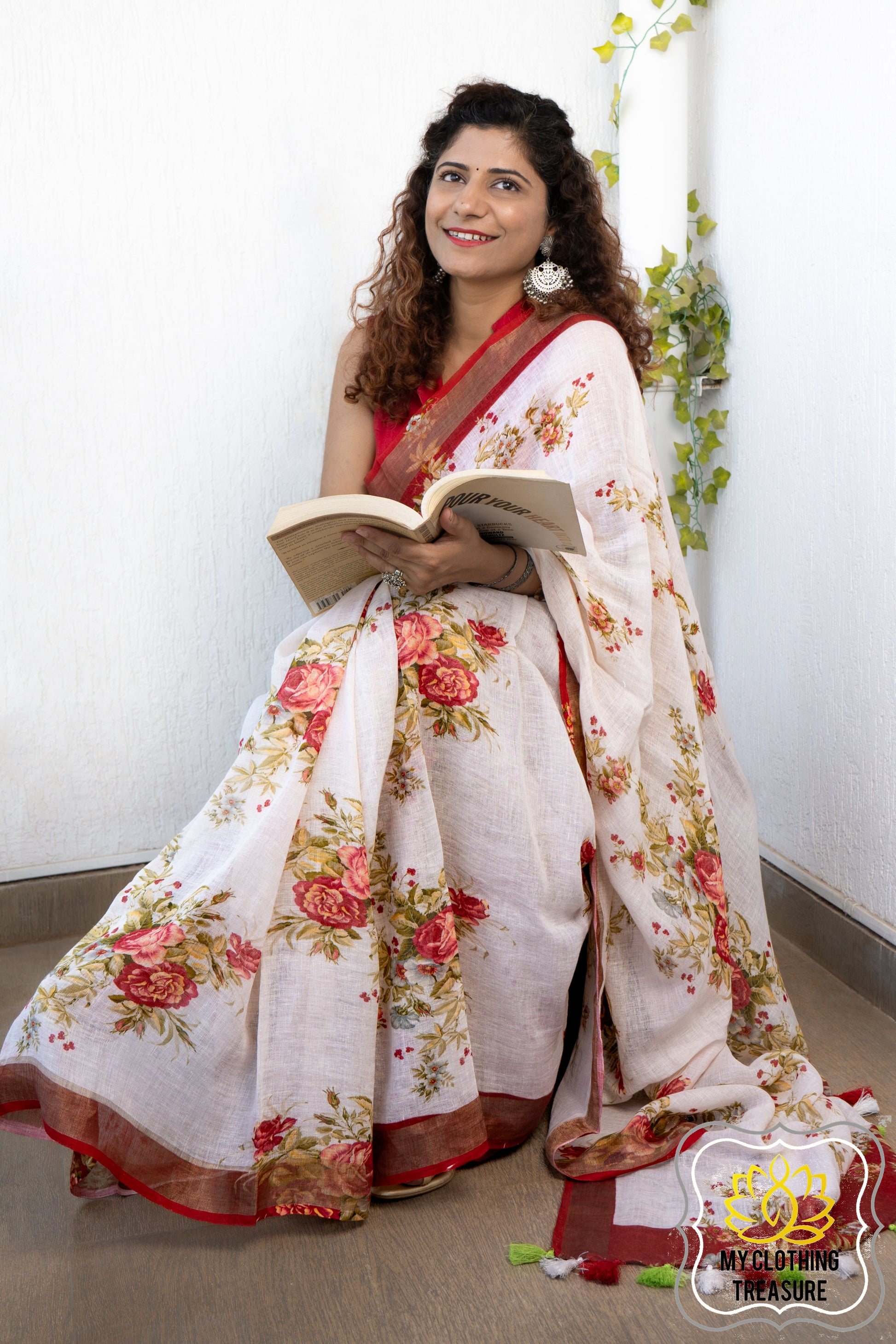 Pure Linen Floral Saree In White-Red