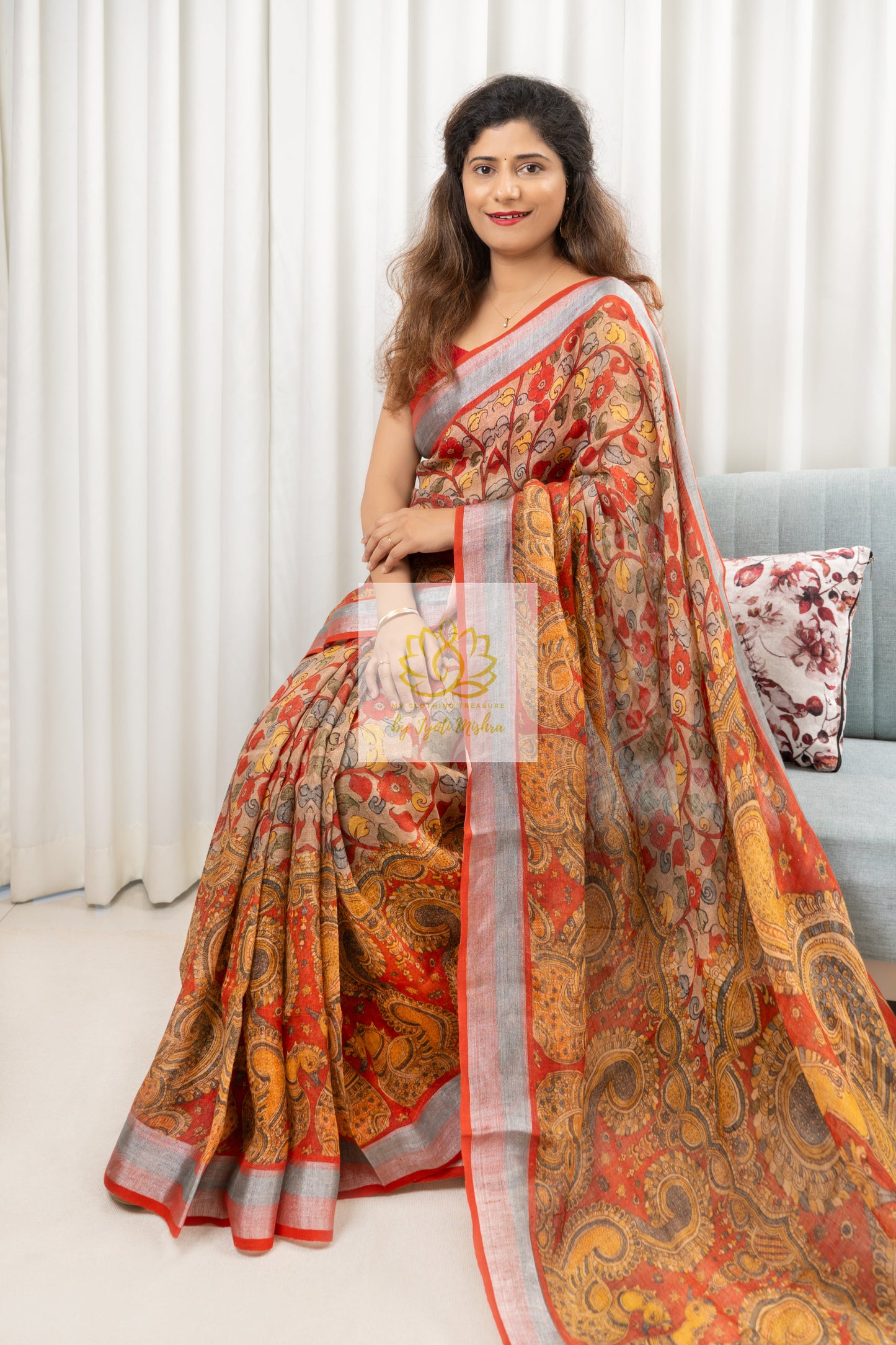 Pure Linen Kalamkari Saree In Soft Brown