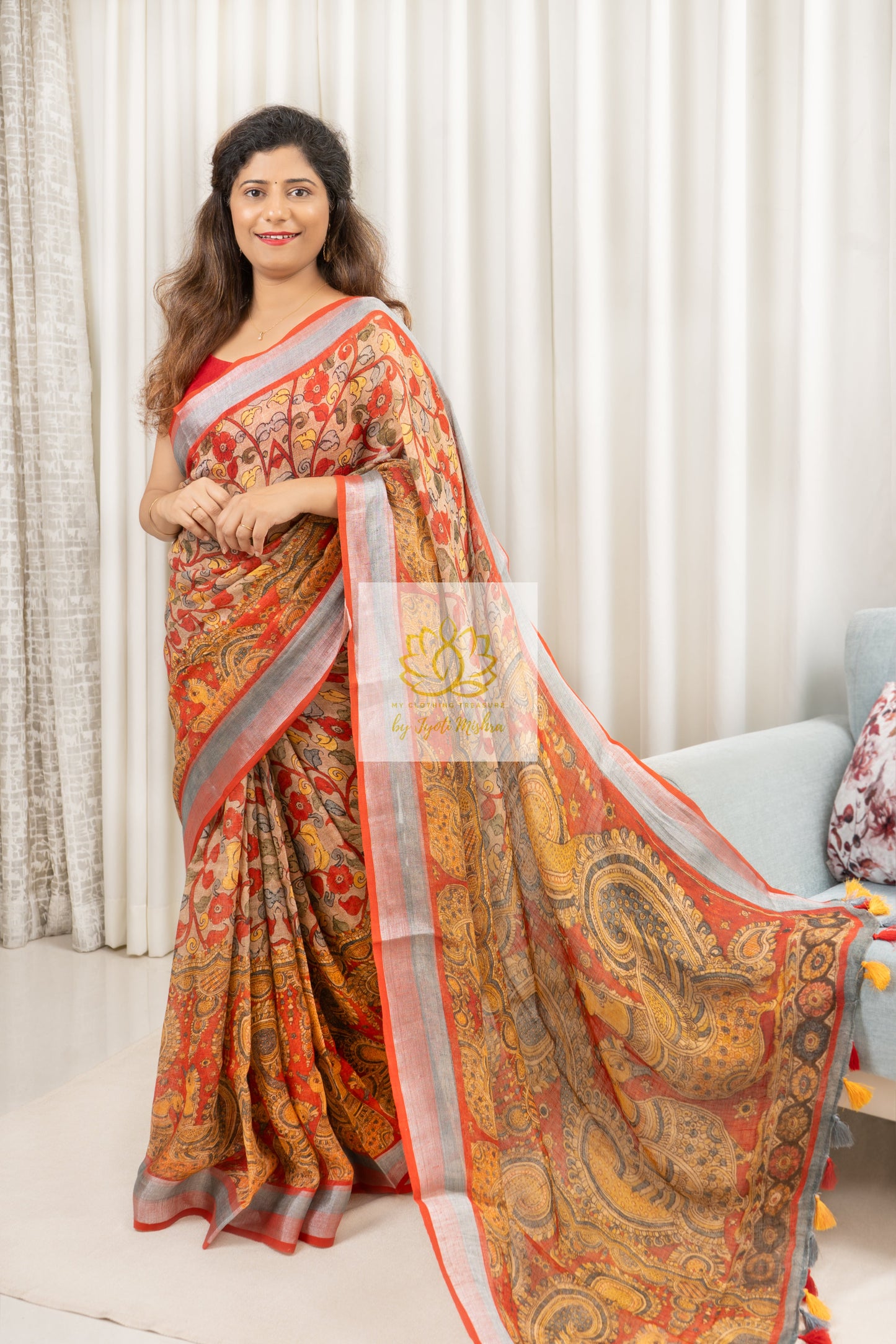 Pure Linen Kalamkari Saree In Soft Brown