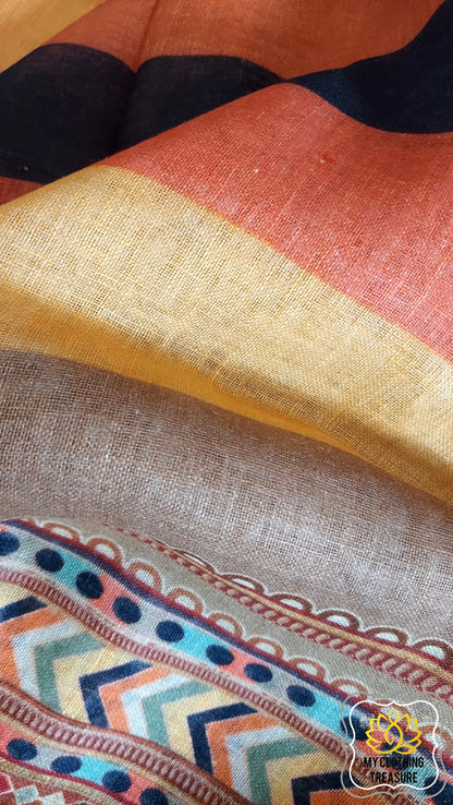 Pure Linen Saree With Digital Print- Hues Of Sunset