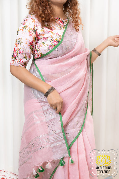 Pure Linen Saree With Sequin Handwork - Pink