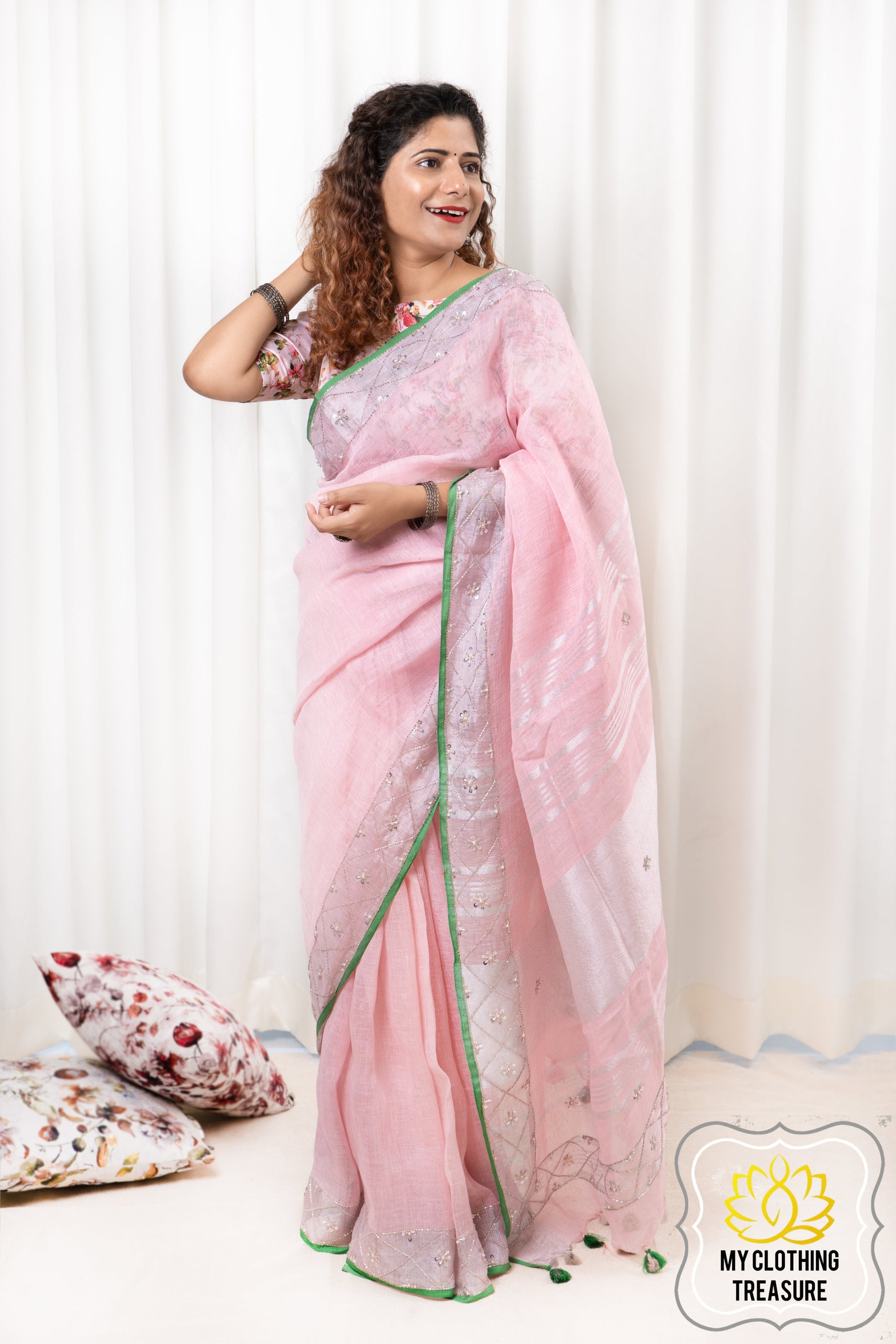 Pure Linen Saree With Sequin Handwork - Pink