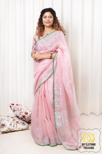 Pure Linen Saree With Sequin Handwork - Pink