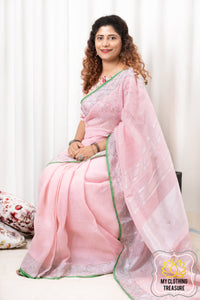 Pure Linen Saree With Sequin Handwork - Pink