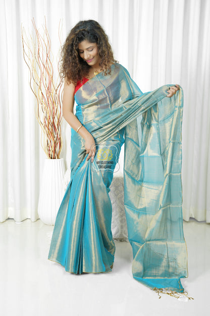 Pure Tissue Mulmul Handwoven Saree - Blue Gold