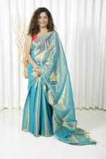 Load image into Gallery viewer, Pure Tissue Mulmul Handwoven Saree - Blue Gold
