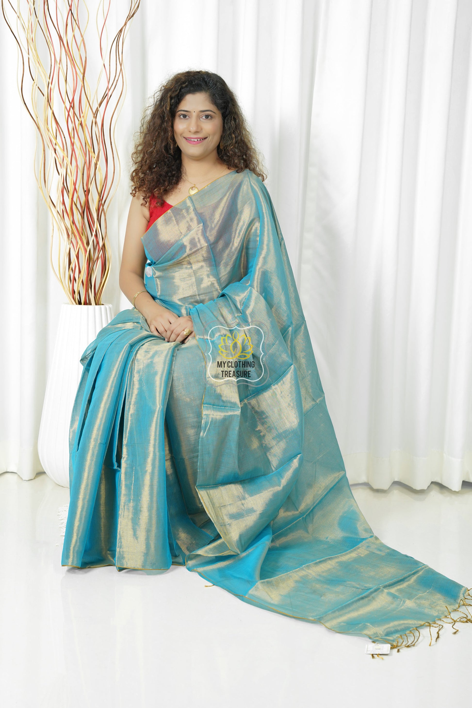 Pure Tissue Mulmul Handwoven Saree - Blue Gold