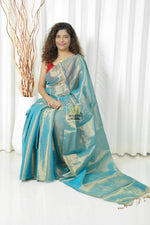 Load image into Gallery viewer, Pure Tissue Mulmul Handwoven Saree - Blue Gold
