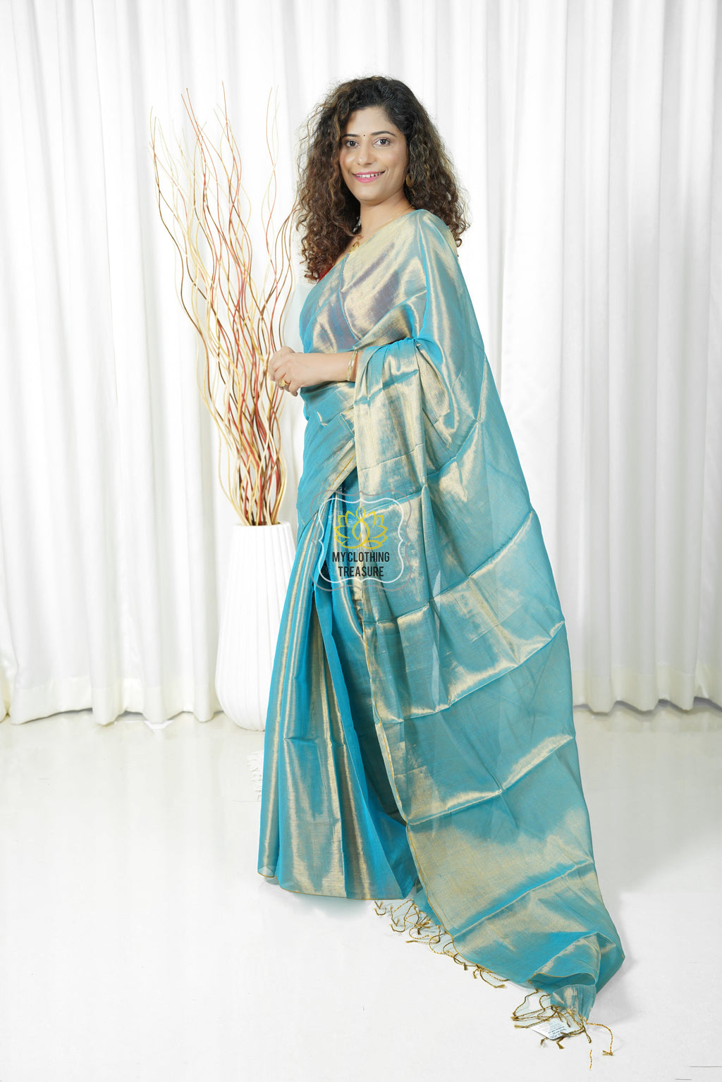 Pure Tissue Mulmul Handwoven Saree - Blue Gold