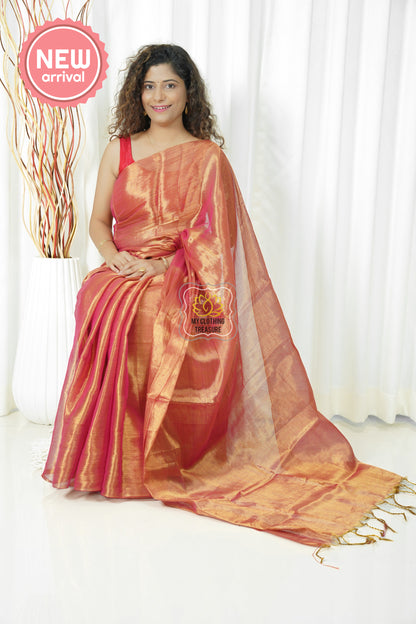 Pure Tissue Mulmul Handwoven Saree - Coral Pink