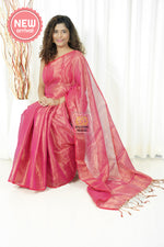 Load image into Gallery viewer, Pure Tissue Mulmul Handwoven Saree - Coral Pink
