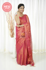 Load image into Gallery viewer, Pure Tissue Mulmul Handwoven Saree - Coral Pink
