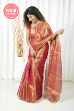 Load image into Gallery viewer, Pure Tissue Mulmul Handwoven Saree - Coral Pink
