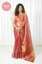 Load image into Gallery viewer, Pure Tissue Mulmul Handwoven Saree - Coral Pink
