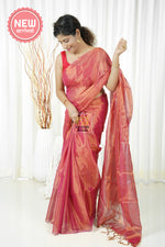 Load image into Gallery viewer, Pure Tissue Mulmul Handwoven Saree - Coral Pink
