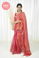 Load image into Gallery viewer, Pure Tissue Mulmul Handwoven Saree - Coral Pink
