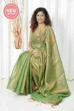 Load image into Gallery viewer, Pure Tissue Mulmul Handwoven Saree - Green Antique Gold
