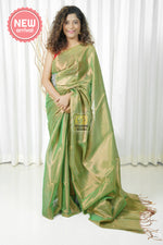 Load image into Gallery viewer, Pure Tissue Mulmul Handwoven Saree - Green Antique Gold
