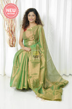 Load image into Gallery viewer, Pure Tissue Mulmul Handwoven Saree - Green Antique Gold
