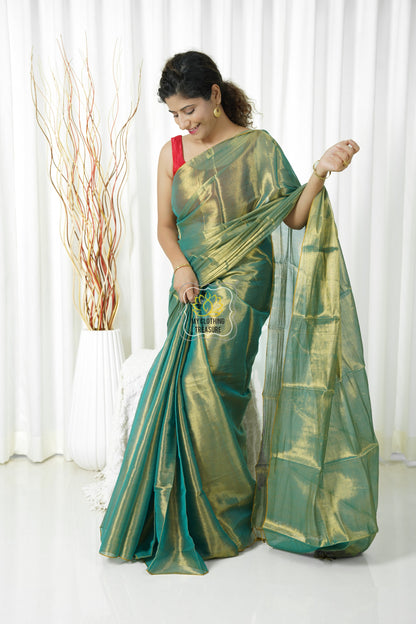 Pure Tissue Mulmul Handwoven Saree - Green Gold